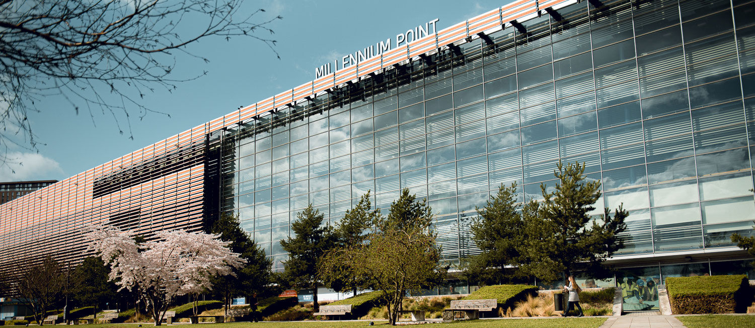 The exterior of the Millennium Point building from Eastside park