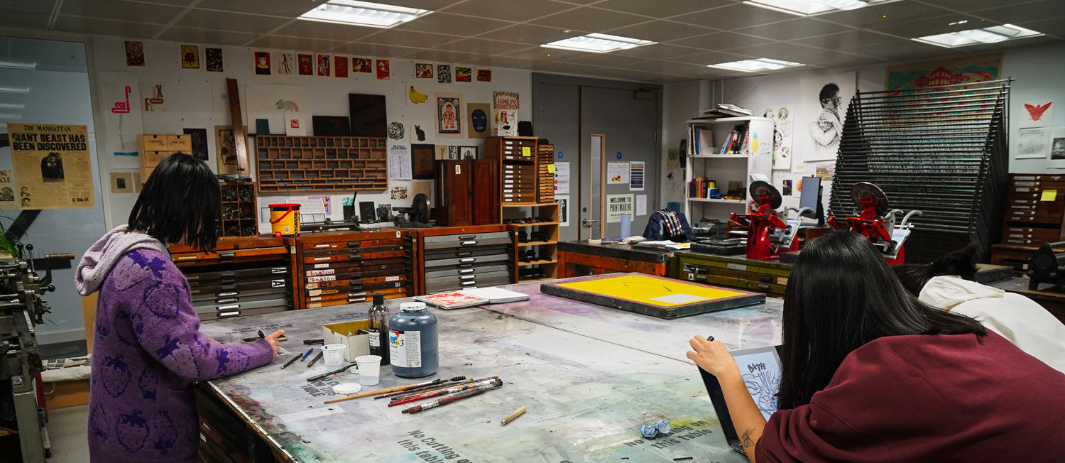 Students working in Parkside print room