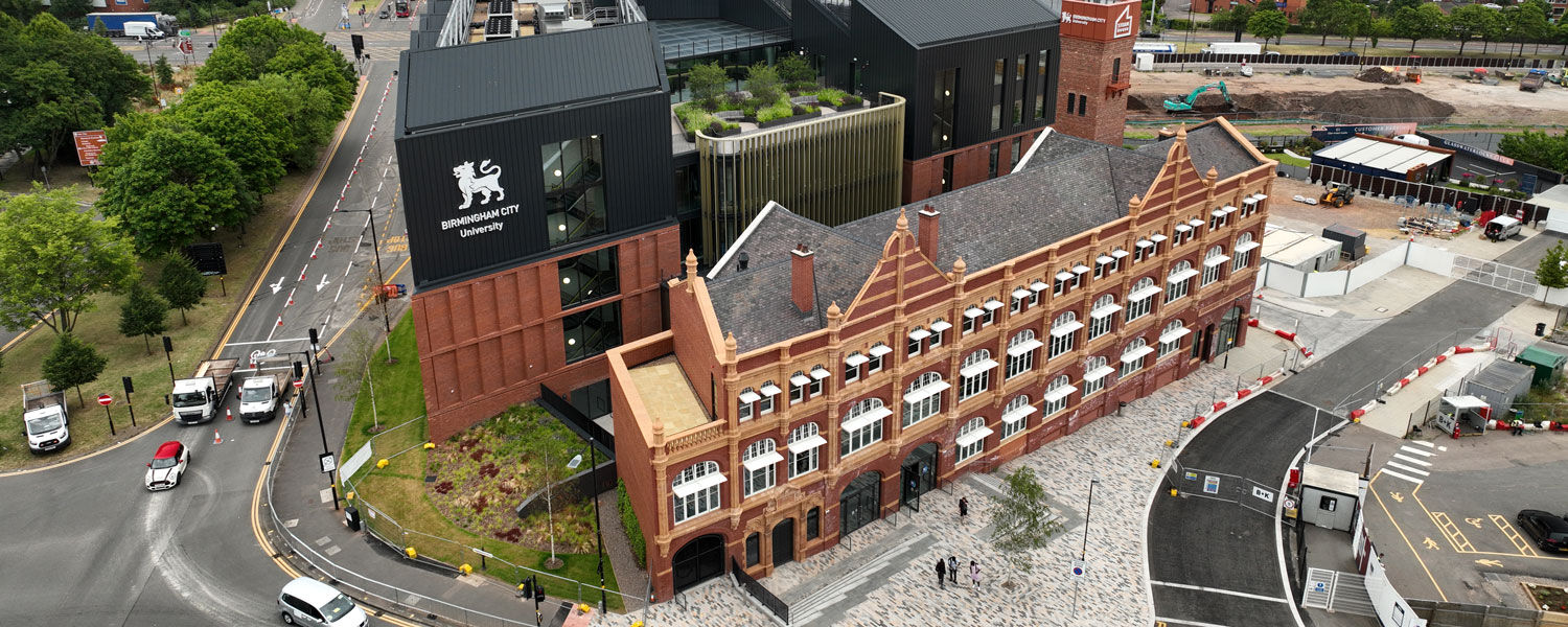 A drone shot of the Steamhouse building